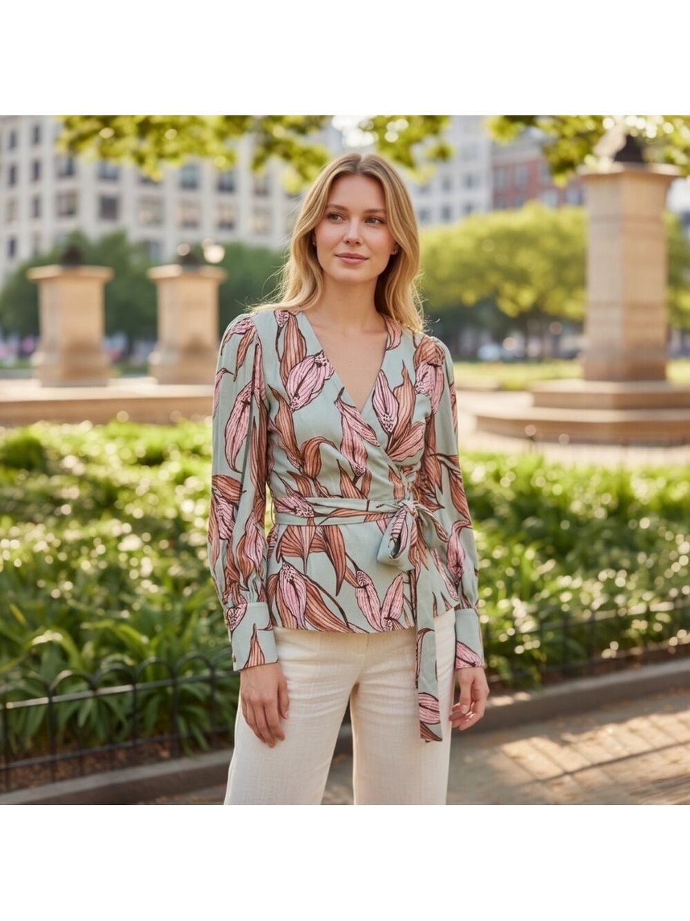 PatBO Wrap Blouse - in Tropical Pink and Green  | size Small